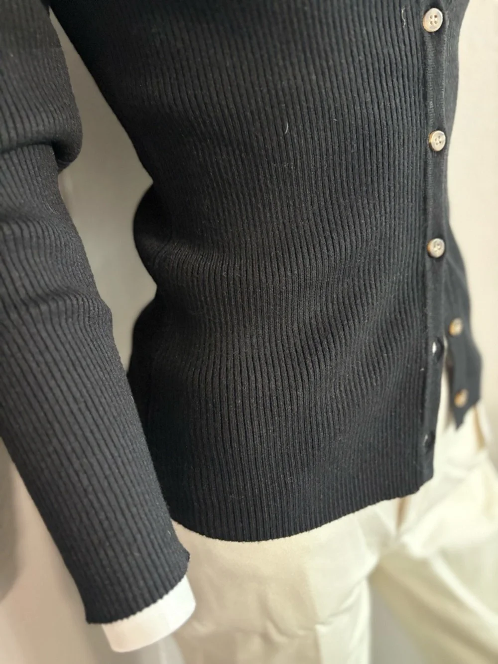Slim Ribbed V-Neck Button-Front Sweater - Black - Picture 3 of 5